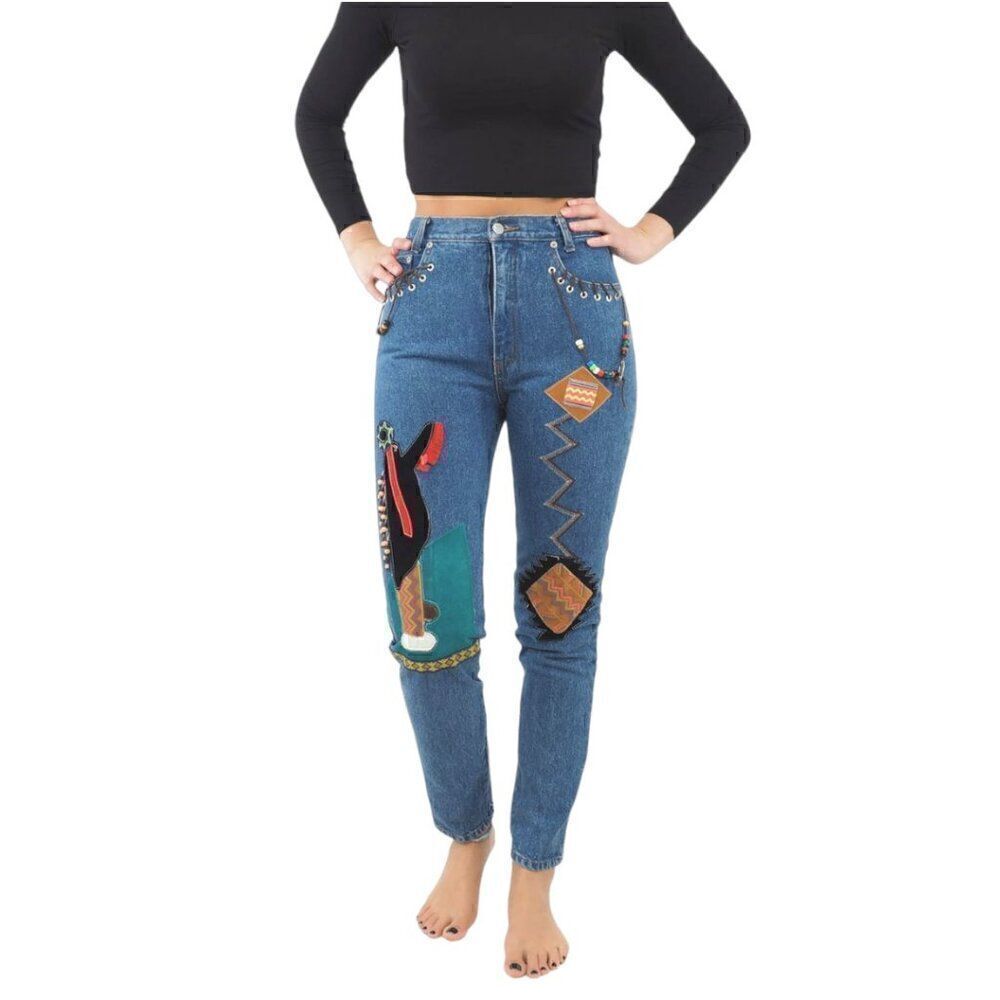 Y2k/90s Vtg Dakota Blue Jeans Boho Native American Patchwork Beaded High Waisted